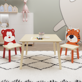 Kids Table and 2 Chairs Set, 3 Pieces Toddler Table and Chair Set, Wooden Activity Play Table Set (Bear&Tiger) - as Pic