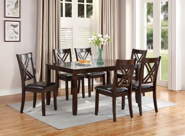 7pcs Dining Set Dining Table 6 Side Chairs Clean Espresso Finish Cushion Seats X Design back Chairs - as Pic